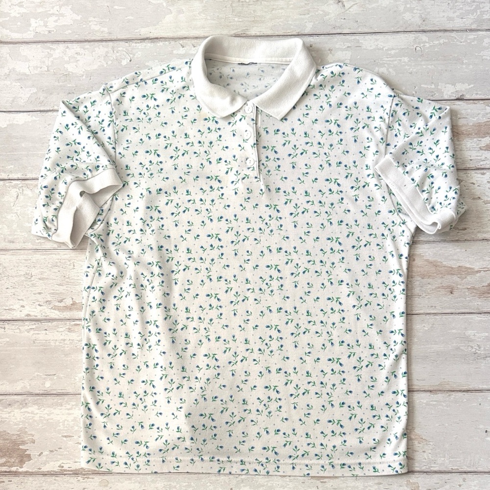 Women’s L/G White Short Sleeve Polo Shirt Small Floral Blue Flowers Size Large